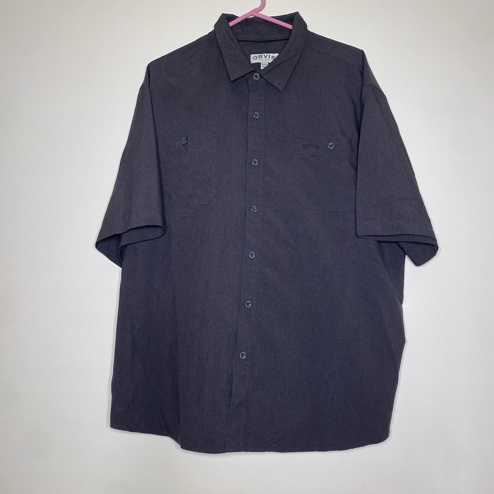 ORVIS Shirt Men's XXL Gray Polyester Breathable Short Sleeve Button Down 2XL